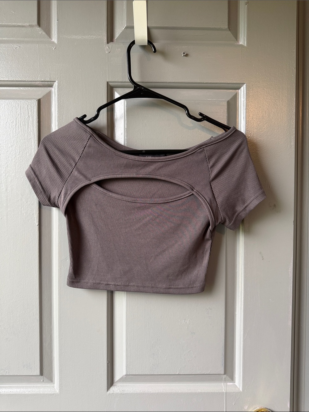 Cider Taupe Ribbed Cutout Short Sleeve Crop Top